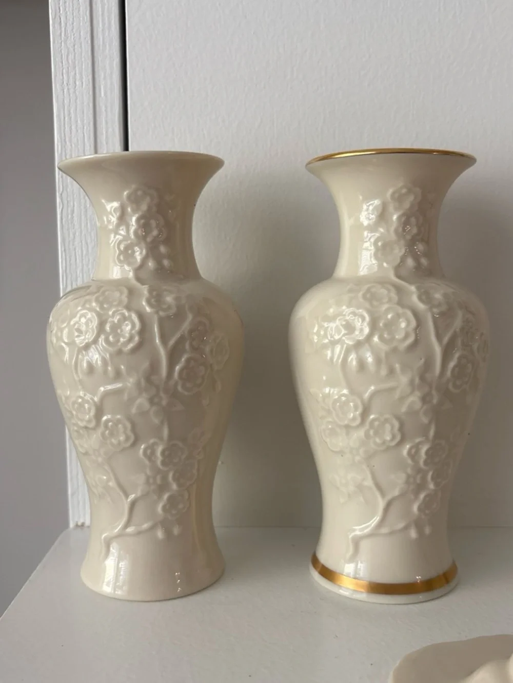 Lenox Cream Ceramic Floral Relief Vase Set with Gold Trim Accent